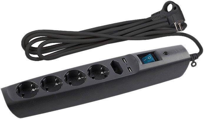 Сетевой фильтр ЭРА 5 розеток, 2 м, антрацит (SFU-5es-2m-B)